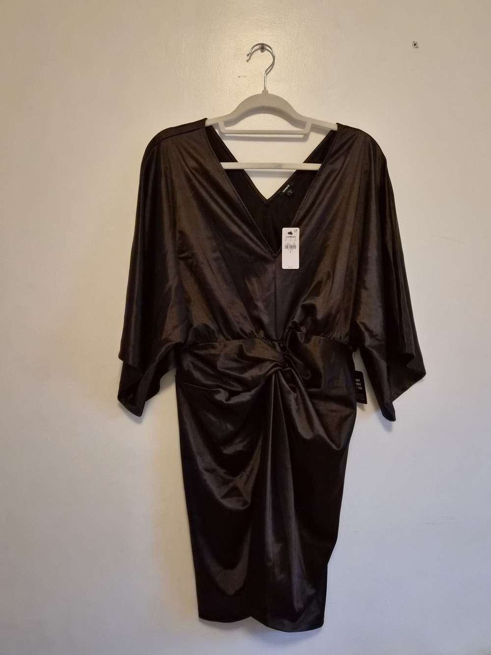 Satin Kimono Sleeve Wrap Dress - Black